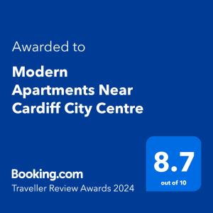 Certifikat, nagrada, logo ili neki drugi dokument izložen u objektu Modern Apartments Near Cardiff City Centre