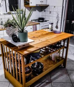 einem Holztisch in einer Küche mit Topfpflanze darauf in der Unterkunft Your Spot West Peloponnese in Zakharo