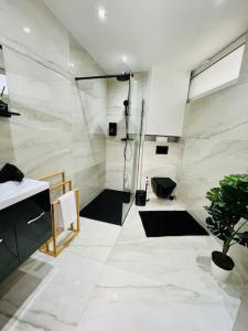 uma casa de banho com um chuveiro, um lavatório e um WC. em Appartement tropical em Liège