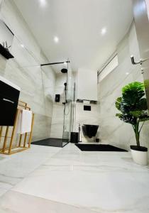 een badkamer met een douche en een potplant bij Appartement tropical in Luik