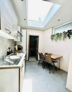 uma cozinha com um lavatório e uma mesa com cadeiras em Appartement tropical em Liège