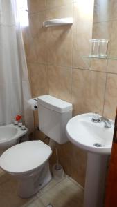 a bathroom with a white toilet and a sink at Aires de Montaña in Malargüe