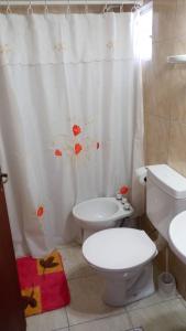 a bathroom with a toilet and a shower curtain at Aires de Montaña in Malargüe
