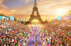 a crowd of people holding flags in front of the eiffel tower at Magnifique T2 à Disneyland in Coupvray