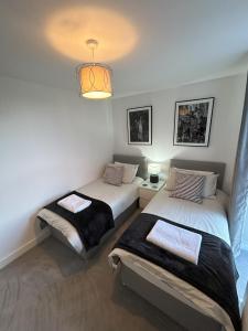 1 dormitorio con 2 camas y lámpara de araña en Apartment in Ashford with Large Terrace en Ashford