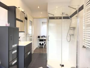 a bathroom with a walk in shower and a sink at Fühle dich wie zu Hause im Taunus in Flörsheim am Main