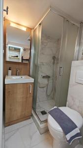 a bathroom with a shower and a toilet and a sink at Think Home, exploring the center of Thessaloniki in Thessaloniki