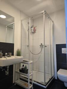 y baño con ducha y lavamanos. en Ferienwohnung Köln en Colonia