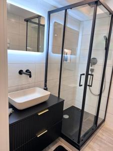 a bathroom with a sink and a shower at Royal Stay in Olsberg