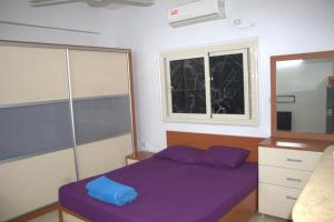 a bedroom with a purple bed and a window at Abeer Guest House in Luxor