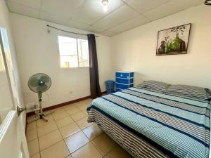 1 dormitorio con 1 cama, ventana y ventilador en Hidden Gem, en Managua