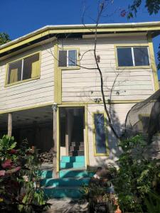 una casa que ha sido pintada de azul y amarillo en Schmidt’s Natures Way Guesthouse, en Punta Gorda