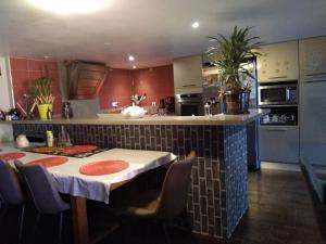 a kitchen with a table and chairs and a kitchen with a counter at Comfortable country house in Saint-Beauzély