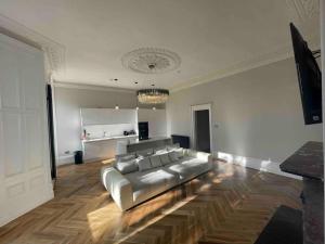 un soggiorno con divano d'argento in una camera di Beautiful Flat, Perfect Location in Newcastle a Jesmond
