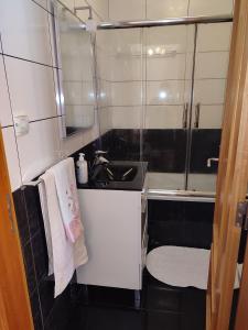a bathroom with a sink and a mirror at Delfina`s House in Machico