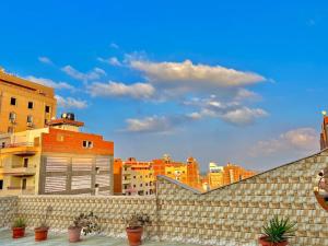 a brick wall with potted plants in front of buildings at Luxury 5 star apartment with rooftop, security in Maḩallat al Burj