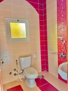 een badkamer met een toilet en een wastafel bij Luxury 5 star apartment with rooftop, security in Maḩallat al Burj