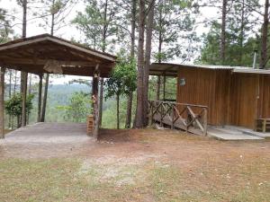 une cabane en bois avec une terrasse couverte dans les bois dans l'établissement Cabaña La tortuga, à Siguatepeque