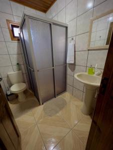 a bathroom with a shower and a toilet and a sink at Casa Jardinada in Pomerode