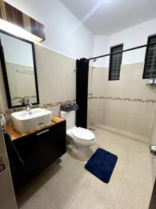 La salle de bains est pourvue de toilettes, d'un lavabo et d'un miroir. dans l'établissement Casa acogedora a 8 minutos del Tule, Oaxaca., à Tlalixtac de Cabrera