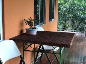 SERENITY BY NATURE في Carrillos: طاولة مع زرع خزاف على شرفة