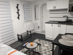 eine Küche und ein Wohnzimmer mit einem Sofa und einem Tisch in der Unterkunft Studio Volta Garden in Tours