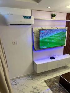 a living room with a television on a wall at Deemich Maison 2bed apartment. in Lagos