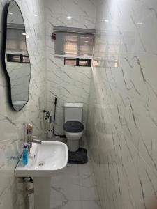 uma casa de banho branca com um lavatório e um WC em Deemich Maison 2bed apartment. em Lagos