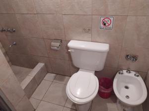 a bathroom with a toilet and a shower and a sink at Hotel Manzanares Plaza in Buenos Aires