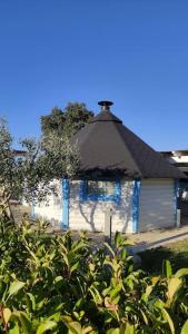 a small building with a roof in a yard at Trullo Iris in Cisternino