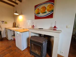 a kitchen with a fireplace with a painting on the wall at Ferme rénovée au calme avec internet et grand espace extérieur - FR-1-591-149 in Palluau-sur-Indre +11 photos