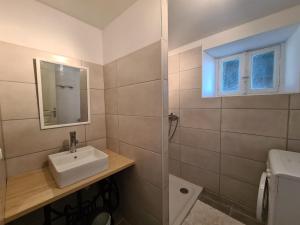 łazienka z umywalką, lustrem i toaletą w obiekcie Maison indépendante avec grand jardin, près de lacs et attractions touristiques, idéale pour famille - FR-1-591-381 w mieście Crozon-sur-Vauvre +27 zdjęć
