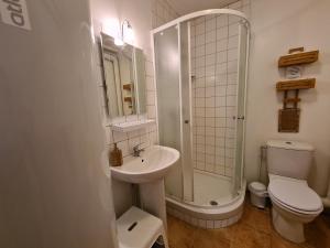 a bathroom with a sink and a shower and a toilet at Ancien moulin avec piscine, terrasse, jardin privatif et petite île - près des étangs de la Brenne - FR-1-591-159 in Prissac +26 photos