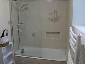 a shower with a glass door in a bathroom at Gîte spacieux en pleine nature avec grand jardin, activités extérieures, proche sites historiques et commerces - FR-1-591-185 in Sarzay +28 photos