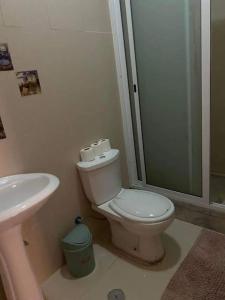 La salle de bains est pourvue de toilettes, d'un lavabo et d'une douche. dans l'établissement Apartment in Achada São Filipe, à Praia