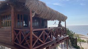 een gebouw met een rieten dak op het strand bij Experiencia Casa Blanca in Dzilam de Bravo