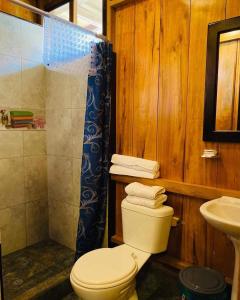 a bathroom with a toilet and a shower and a sink at Guayabo Hostal Spa in Mindo