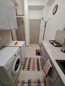a kitchen with a washing machine in a kitchen at Flat near the Vyšehrad Castle in Prague
