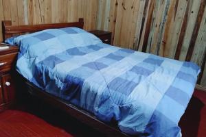 eine blaue Decke auf einem Bett in einem Zimmer in der Unterkunft Perla del rio tulian in Omoa + 10 Fotos