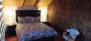 1 dormitorio con 1 cama grande y pared de madera en Rancho Eben Ezer, en Puyehue