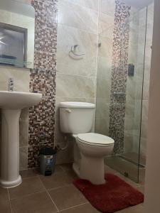 uma casa de banho com um WC, um chuveiro e um lavatório. em Arcus hospedaje em Juan López