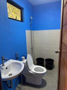 Baño azul con aseo y lavamanos en Magalong Villa at Holy Land in Busuanga, en Busuanga