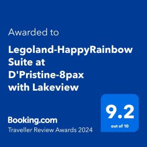 Certificate, award, sign, o iba pang document na naka-display sa Legoland-HappyRainbow Suite at D'Pristine-8pax with Lakeview