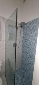 a shower with a glass door in a bathroom at Paradise View Hilltop 5 Bedroom Residence in Dickenson Bay
