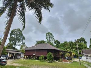 a barn with a palm tree next to a house at Rumah Kayu Aboh in Kuala Terengganu
