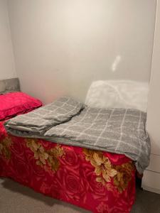 スウィンドンにあるHigh Viewの赤と灰色の毛布が備わるドミトリールームのベッド1台分です。