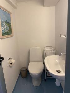 uma casa de banho com um WC e um lavatório em Skønt fiskerhus. Tæt på by, havn og havet em Marstal
