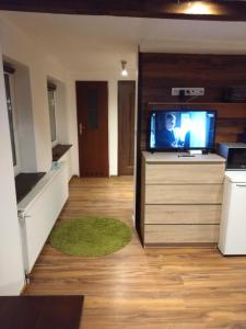 a living room with a flat screen tv on a dresser at Bydgoszcz Kawalerka in Bydgoszcz