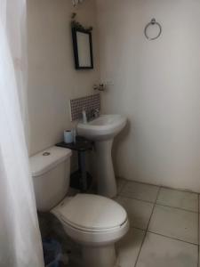 La salle de bains est pourvue de toilettes et d'un lavabo. dans l'établissement Airport Hostel, à Ciudad Juárez