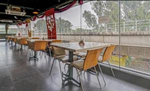 une rangée de tables et de chaises avec un chat assis au sommet dans l'établissement The Trinitywood Hotel Restaurants, à Bangalore